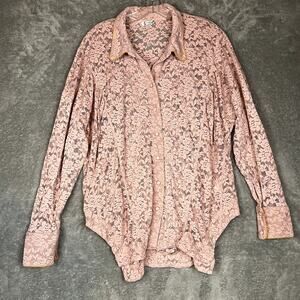 Free People Intimates Button Down Blouse Womens L Pink Lace Sheer Coquette Boho